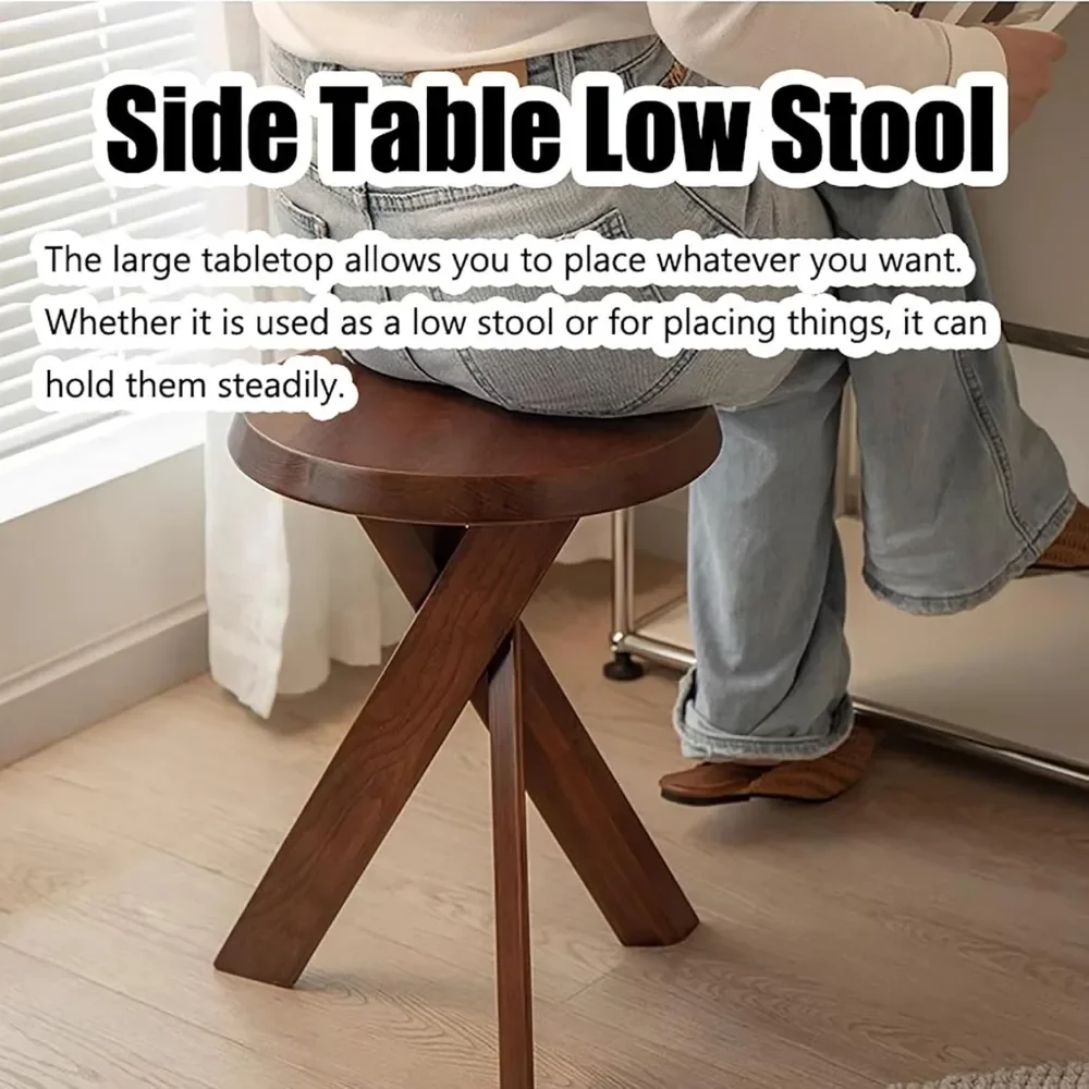 Round Coffee Table, Solid Wood End Table Center Cafe Table Rustic Sofa Side Table With Stable Crossed Triangle Legs