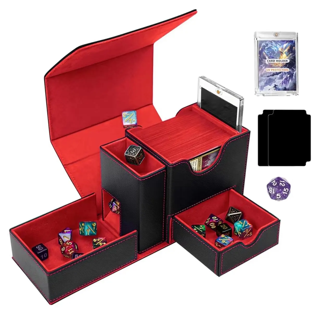 A3#(Upgraded) 1713F Card Box with Display Window, 4 in 1 with Dice and Isolation Card, Transaction Card Storage Box, Can Accommo