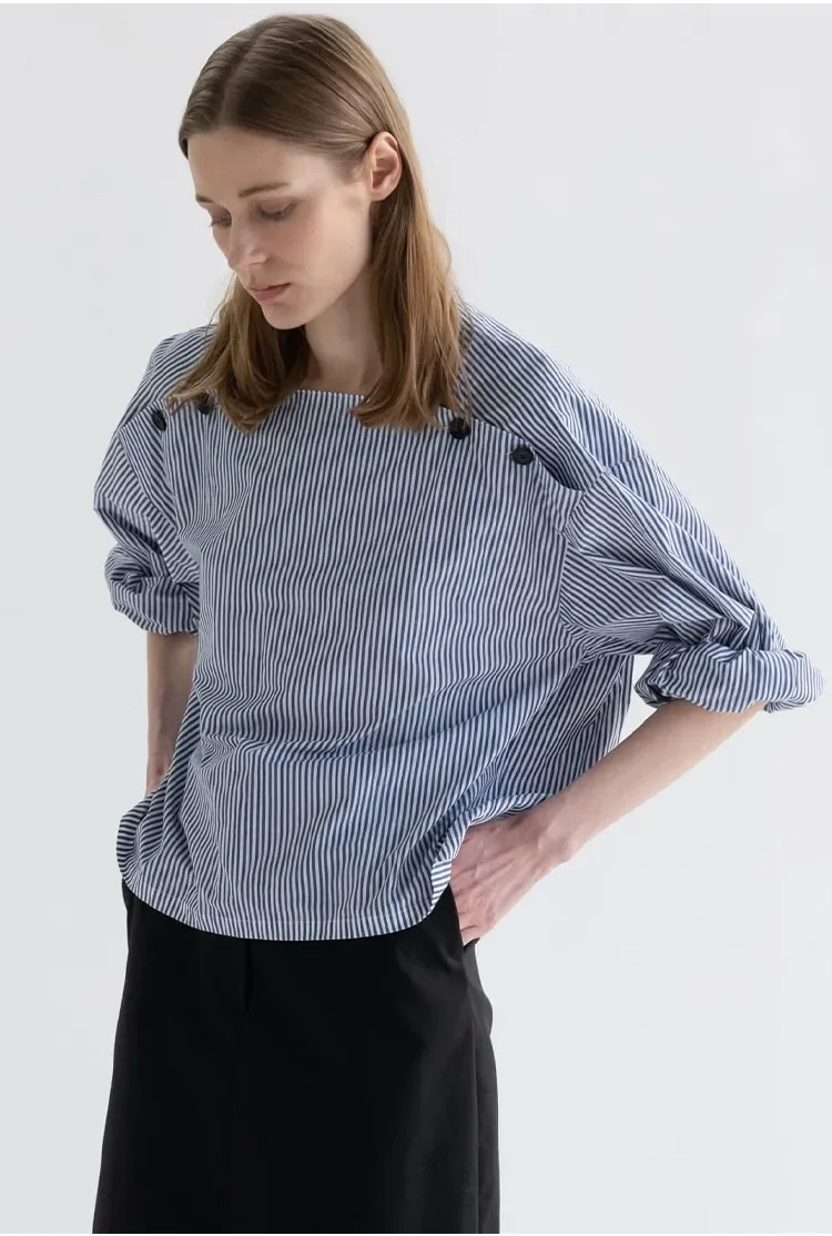 Koreaanse Pop Luxe M Damesshirt Onregelmatige Kraag Losse Gestreepte Top Blouse Met Lange Mouwen Mode Gloednieuwe Dameskleding