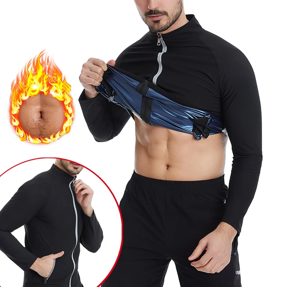 Men's Workout Sauna Tops Tummy Shaping Back Correction Long Sleeve Sweating Sportwear Sauna Jacket For Lose Weight