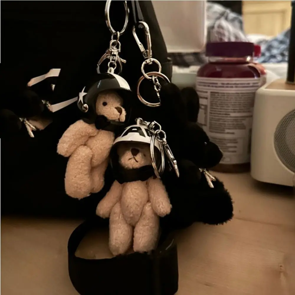 Lovely Helmeted Bear Charm Keychains Y2K Plush Stuffed Doll Pendant Car Keyring Backpack Decor Bag Car Key Chains Jewelry Gifts