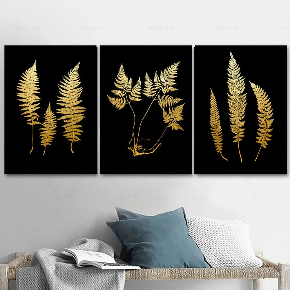 

Чернила пепельно-черный золотой папоротник принты ботанический лист плакат настенная живопись на холсте антикварные настенные панно для гостиной домашний декор
