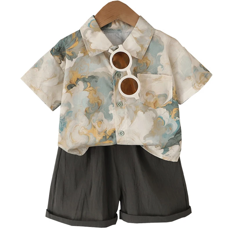 

2Piece Summer Baby Boy Clothes Korean Fashion Print Short Sleeve Cotton Tops+Shorts Children's Sets Boutique Kids Clothing BC574