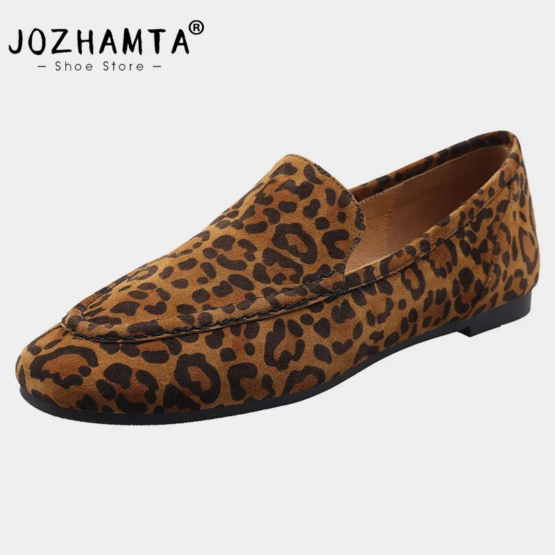 JOZHAMTA Women Casual Loafers Suede Real Leather Leopard Low Heels Shoes Classic Flats Shoes Spring 2025 Office Lady Size 34-39