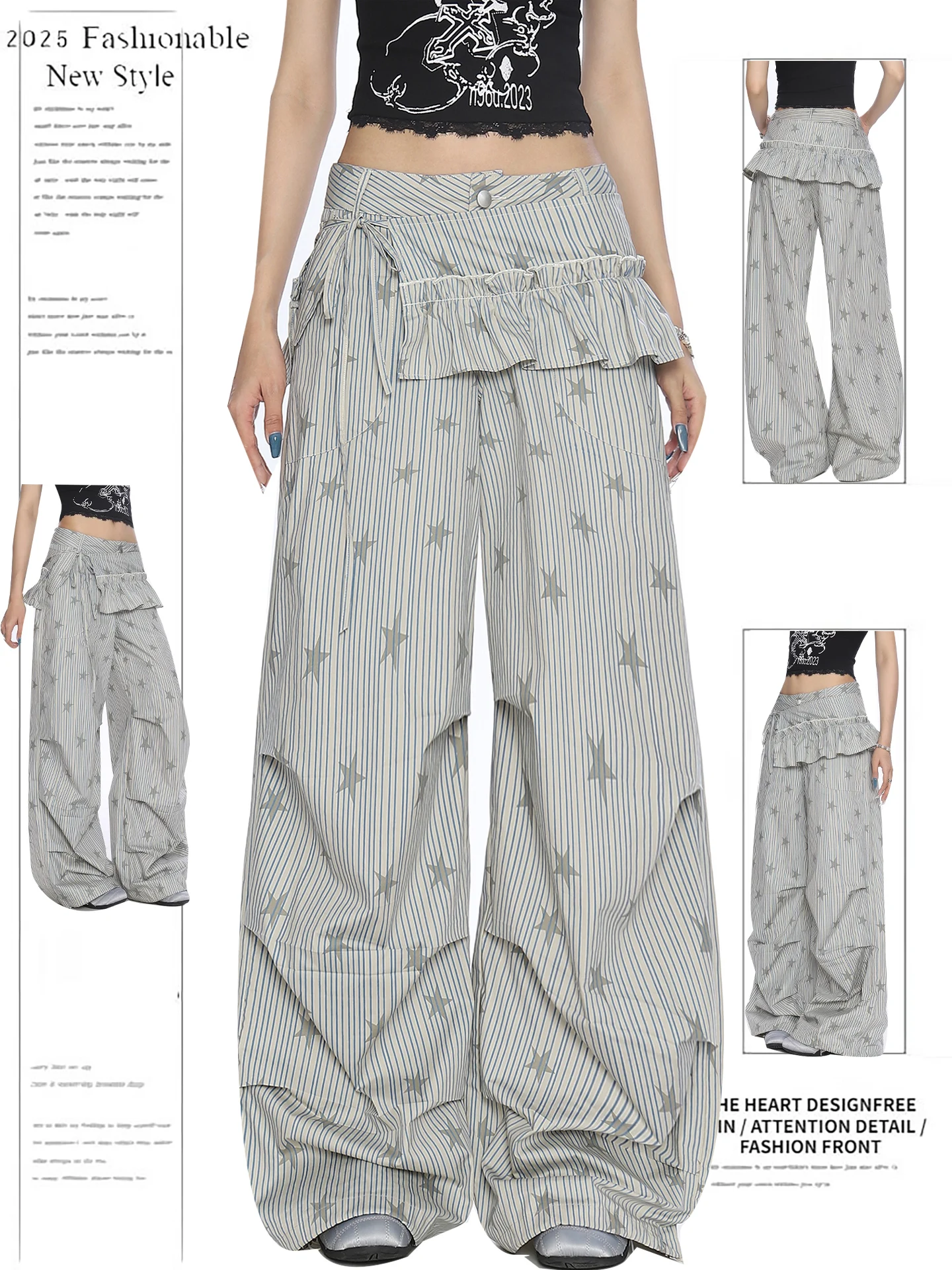 الأمريكية Sle الصيف عارضة مطوي شريطية ستار طباعة العمل السراويل النساء واسعة الساق الطابق طول السراويل مع بعقب الستار الرقص...