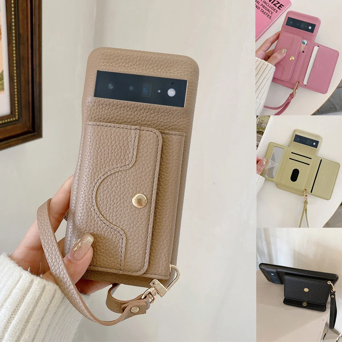 

Luxury Litchi Peel Pattern PU Leather Case For Google Pixel 8 7 6 Pro 4 XL Small Mirror Card Holder Lanyard Wallet Cover