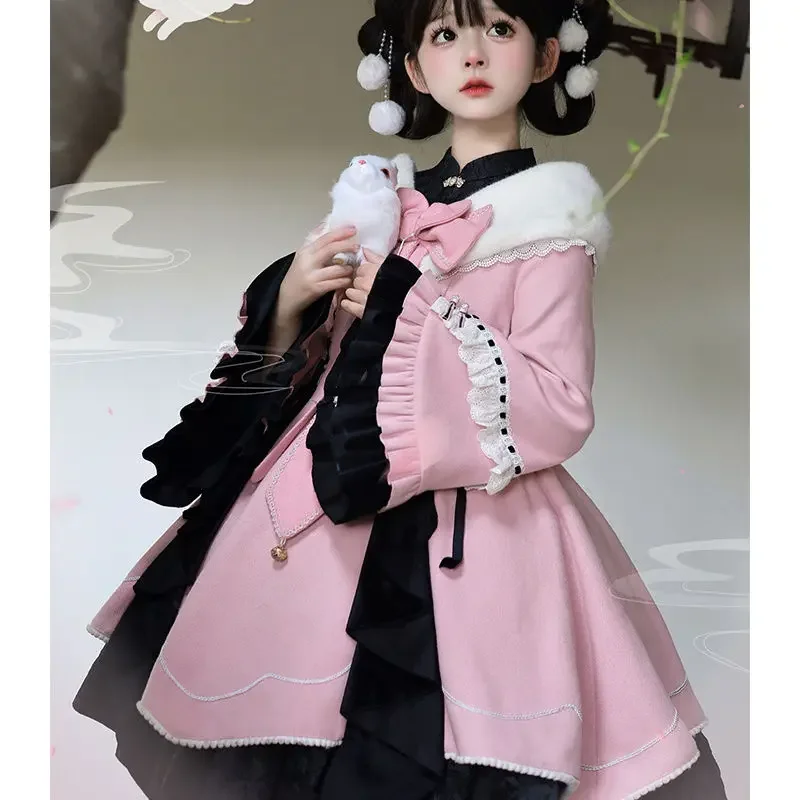 

Japan Daily Lolita Sweet Dress For Women Winter New Kawaii Bow Patchwork Flare Sleeve Slim Fit Dresses Cute Y2K Party Clothes