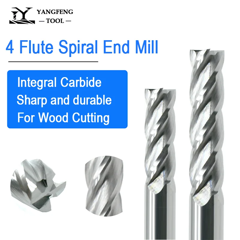 1pc End Mill 4 Flute Spiral Cutter 6mm 8mm Tungsten Carbide Milling Tools For Cutting Wood MDF 4F Endmills with Big Chip Remover