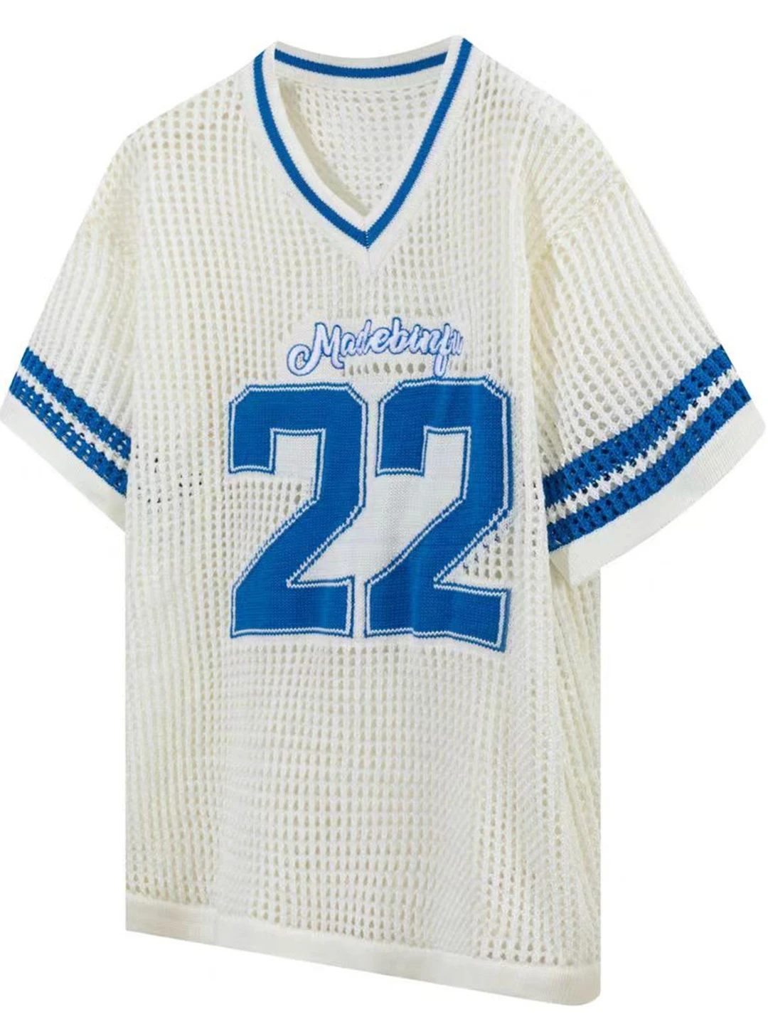 

Американская летняя футболка с V-образным вырезом, полосатая, ажурная, тонкая, вязаная, повседневная, в университетском стиле, уличная мода, с коротким рукавом