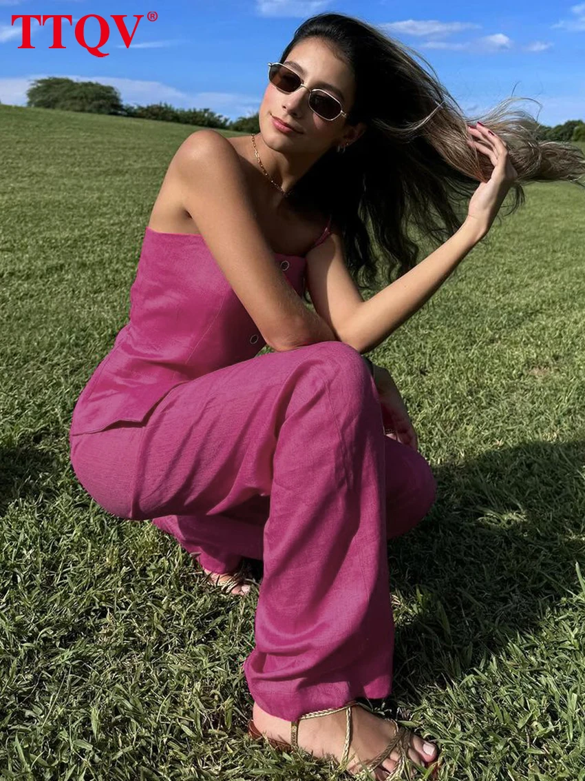 

TTQV Summer Loose Pink Cotton Trousers Set 2 Pieces Women 2025 Sexy Sleeveless Tank Top With High Waist Wide Pants Set Female
