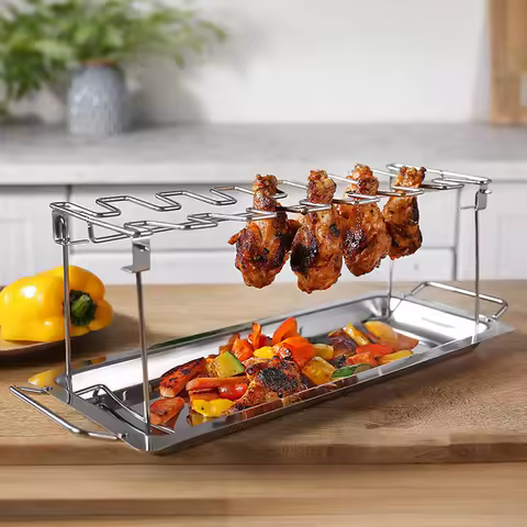 14-Grid Folding Stainless Steel Grill Plate Set - Outdoor Barbecue Chicken Leg Cooking Pan with Chassis, Heat-Resistant BBQ Tool