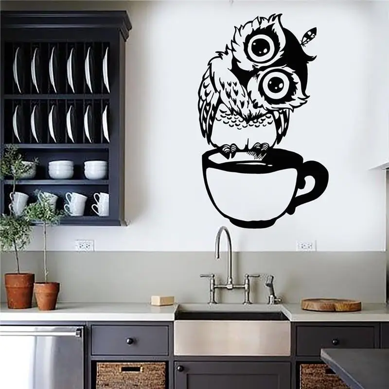 2PCS Funny Cartoon Owl Cup of Tea Coffee Kitchen Wall Sticker Home Decor