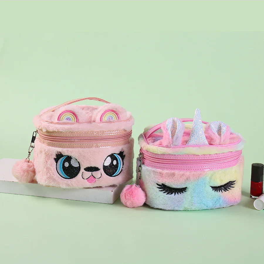 New Children\'s Cartoon Cosmetic Handbag Big Eyes Plush Baby Girls Cute Storage Bag Girl Unicorn Embroidery Bag Makeup Case Bag