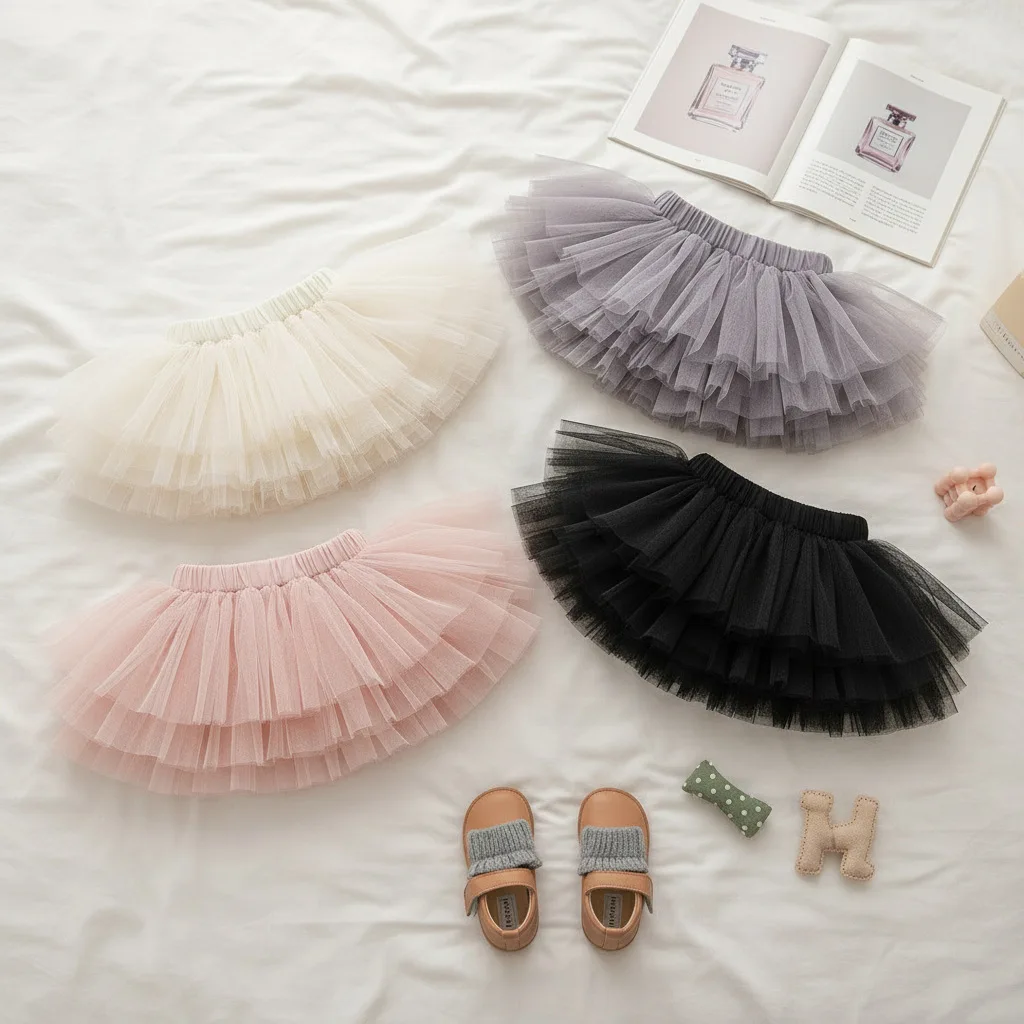 

Girls Dress 2026 Spring Summer New Korean Edition Versatile Solid Color Mesh Puff Skirt Sweet Cute and Fashionable Style