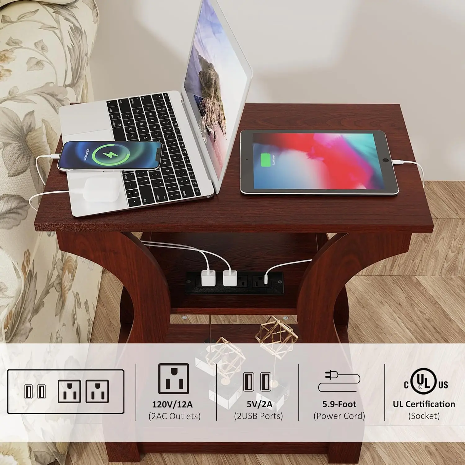 End Tables Living Room, Cherry End Table with Charging Station, Nightstand for Bedroom, 3 Tier End Table with Storage Shelf f