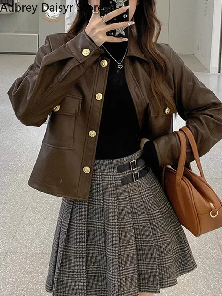 Vintage Brown Leather Jacket Women Streetwear Casual Moto Biker Leather Jacket Korean Winter Punk Thin Blazer Leather Coat 2023