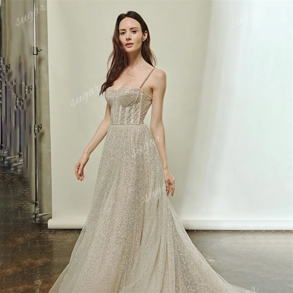 Simple Sparkly A Line Wedding Dresses Spaghetti Straps Long Train Bridal Gowns Elegant Sweetheart Luxury Dress Robe De Soiree