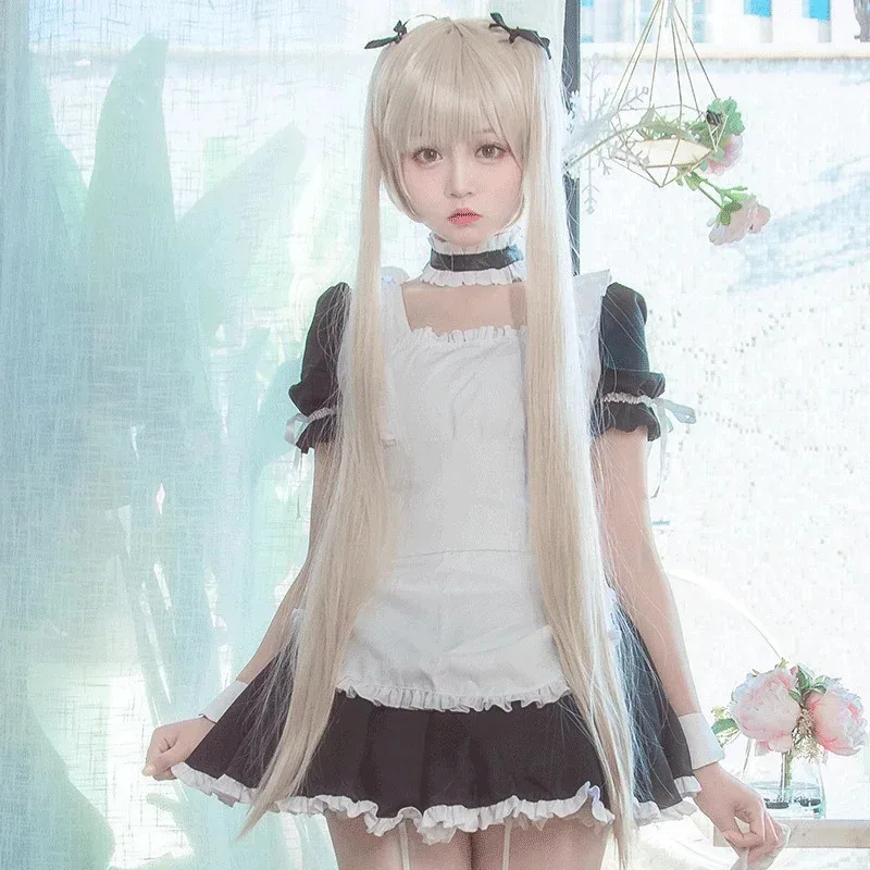 CyAnime 요스가노소라 코스프레 카스가노 소라 가발 롱 스트레이트 베이지 내열성 헤어 가발 + 실크 리본