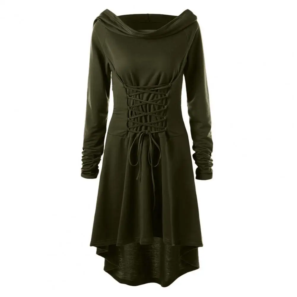 فستان حريري الحليب للنساء مع قلنسوة وأكمام طويلة وحزام برباط وخصر نحيف وحاشية غير منتظمة فستان ميدي للنساء فستان حفلات الهالوين