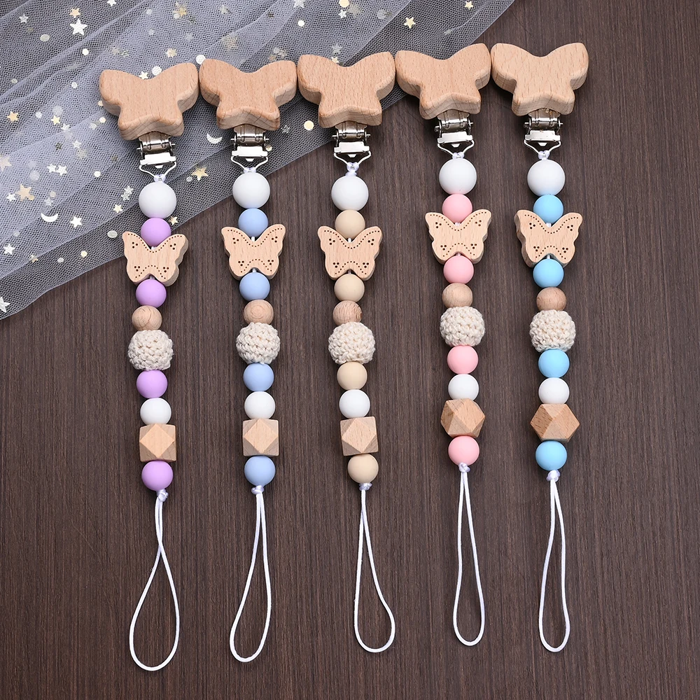 2Pcs Wooden Round Beadsd Anti-Drop Baby Nipple Chain Dummy Holder Soothe Nursing Teething Toy Animal Shape Beech Pacifier Clip