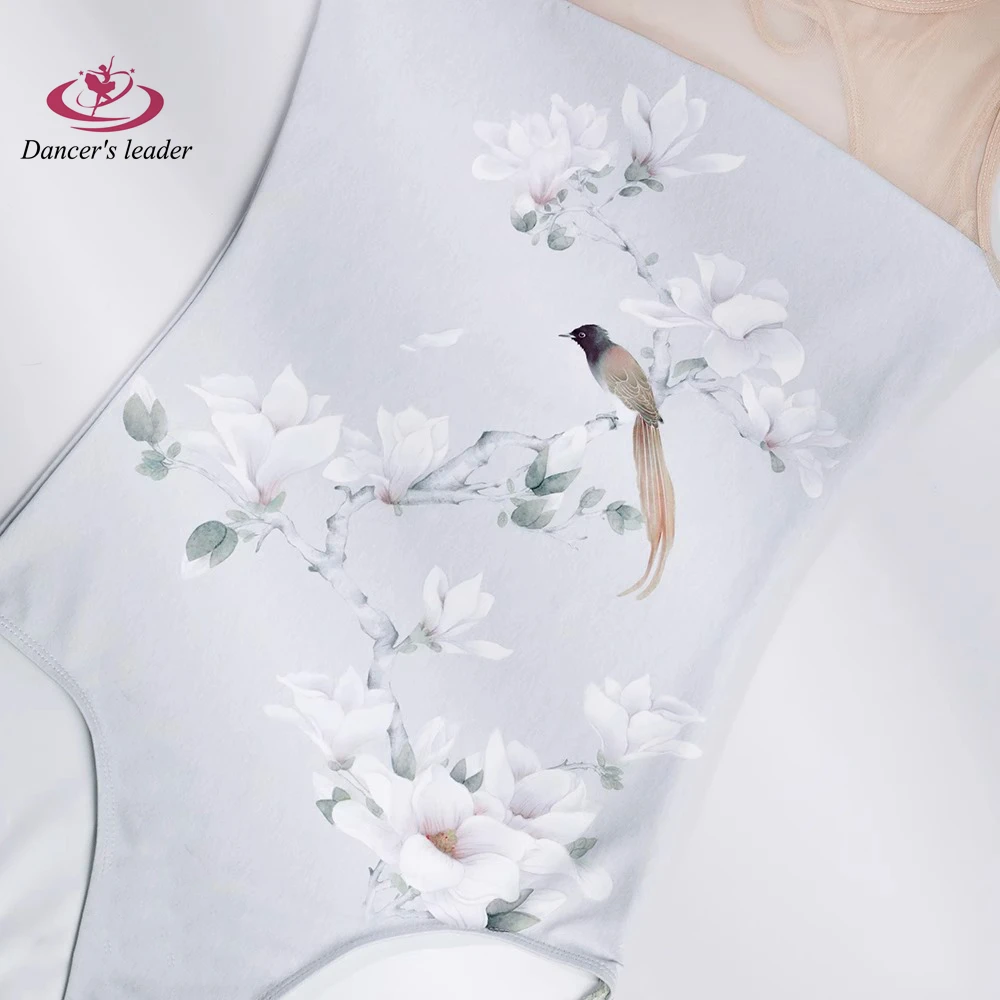 Justaucorps de ballet pour femme, vêtements d'entraînement, fleur de magnolia et oiseau, robe de performance, costume de yoga aérien