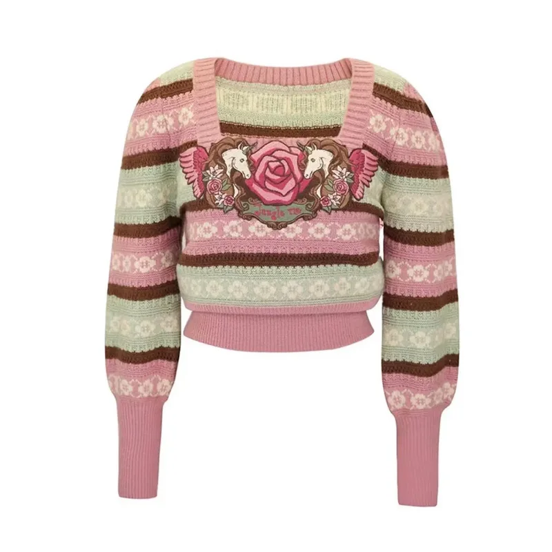 Pink Elegant Stylish Slim Knit Sweater Pullover Women 2024 Spring Long Sleeve Square Collar Knitwear Embroidered Vintage Jumpers