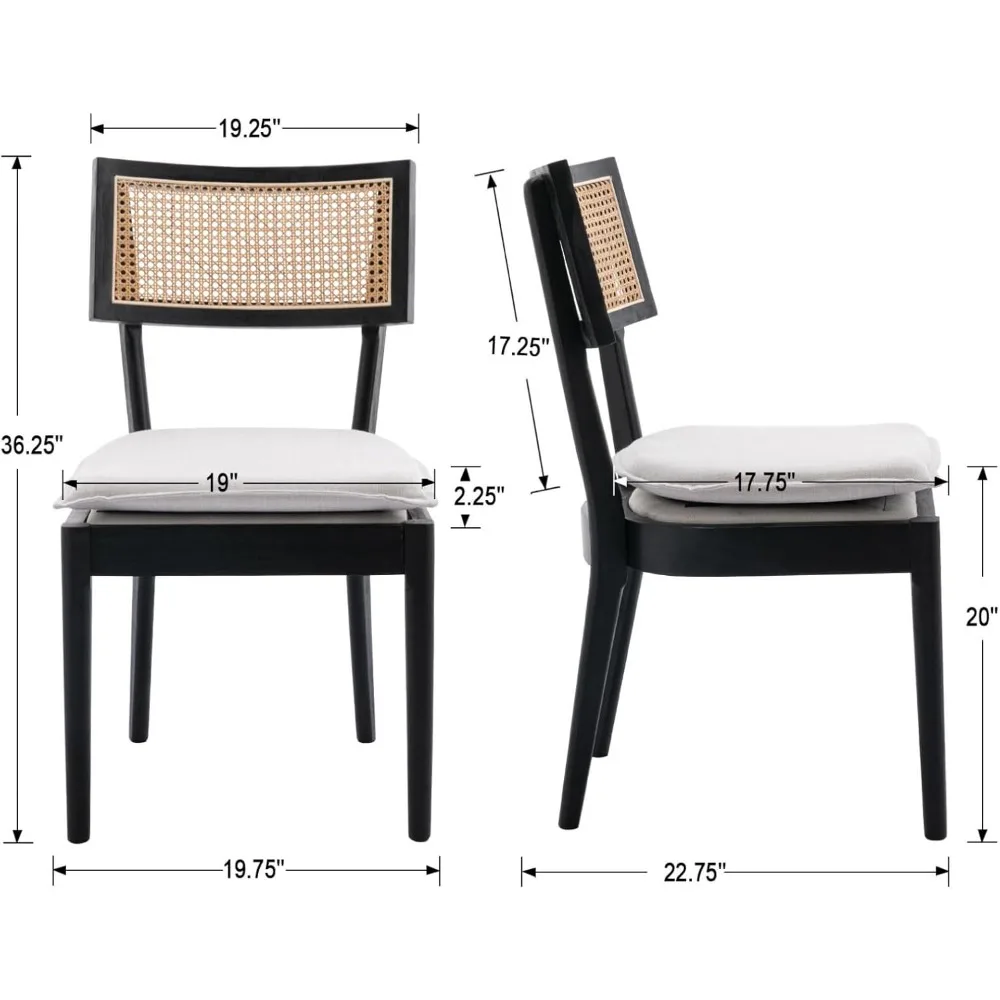 Rattan Dining Chairs ,Mid Century Modern Black Wooden Cane Back Chairs with Removable Linen Cushion ,Retro Farmhouse Upholstered