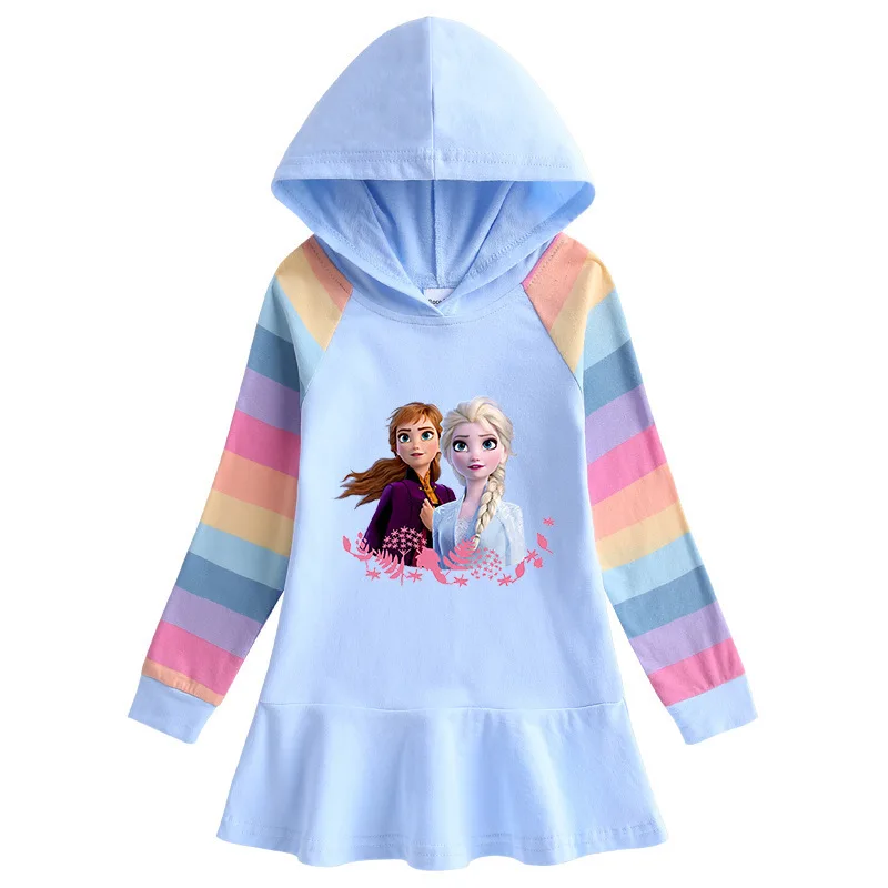 

MINISO 2023 Autumn New Frozen Rainbow Girls Dress Children's Long Sleeve Hooded Elsa Princess Dress