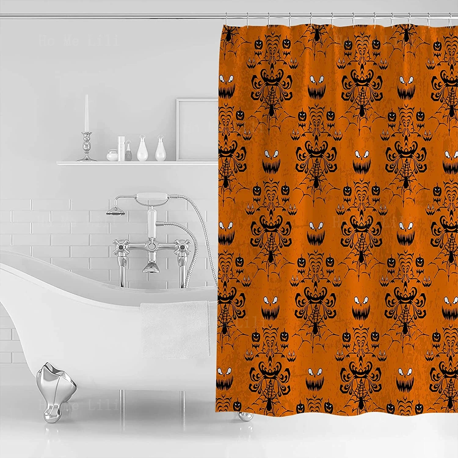 Halloween Haunted Mansion Fabric Waterproof Decorative Shower Curtains With Hooks Pumpkin Color For Home Bathroom Decor