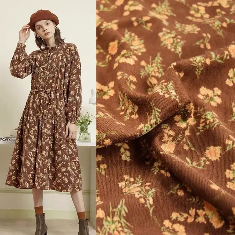 

Floral Corduroy Fabric Printed By The Meter for Clothes Dress Shirt Jacket Pants Handmade DIY Sewing Flower Cloth Soft Yellow