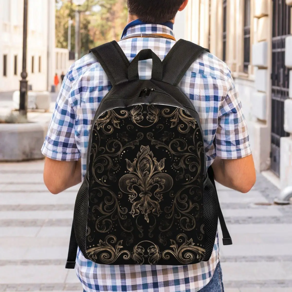 Gold Filigree Fleur-de-Lis Travel Backpack School Laptop Bookbag Fleur De Lys Lily Flower Symbol College Student Daypack Bags