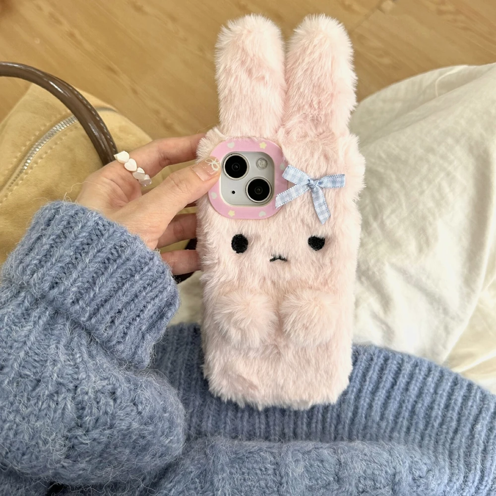 3D Kawaii Bow Bunny Cartoon Plush Stereo Phone Case for IPhone 16 15 14 13 12 11 Pro Max Drop-resistant Back Cover Girl Gift