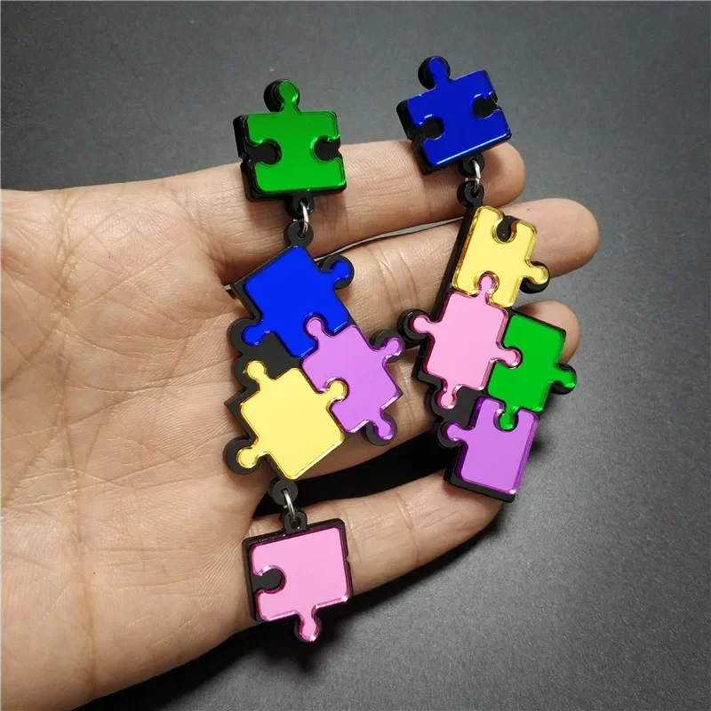 Colorful Puzzle Earrings for Womens Glossy Mirror Acrylic Geometric Jigsaw Design Lightweight Statement Earrings Daily/Part Wear