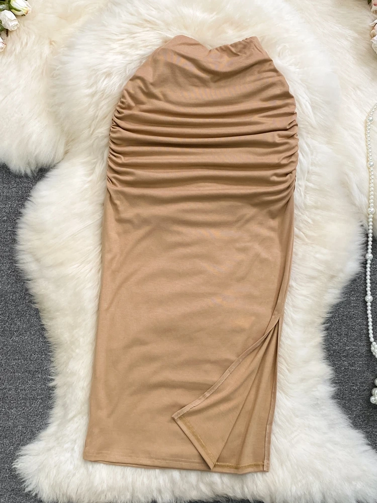 Hohe Taille Knie-Länge Plissee Reine Farbe Asymmetrische Saum Bodycon Midi Rock Koreanische Sle Frühling Sommer Faion frauen rock