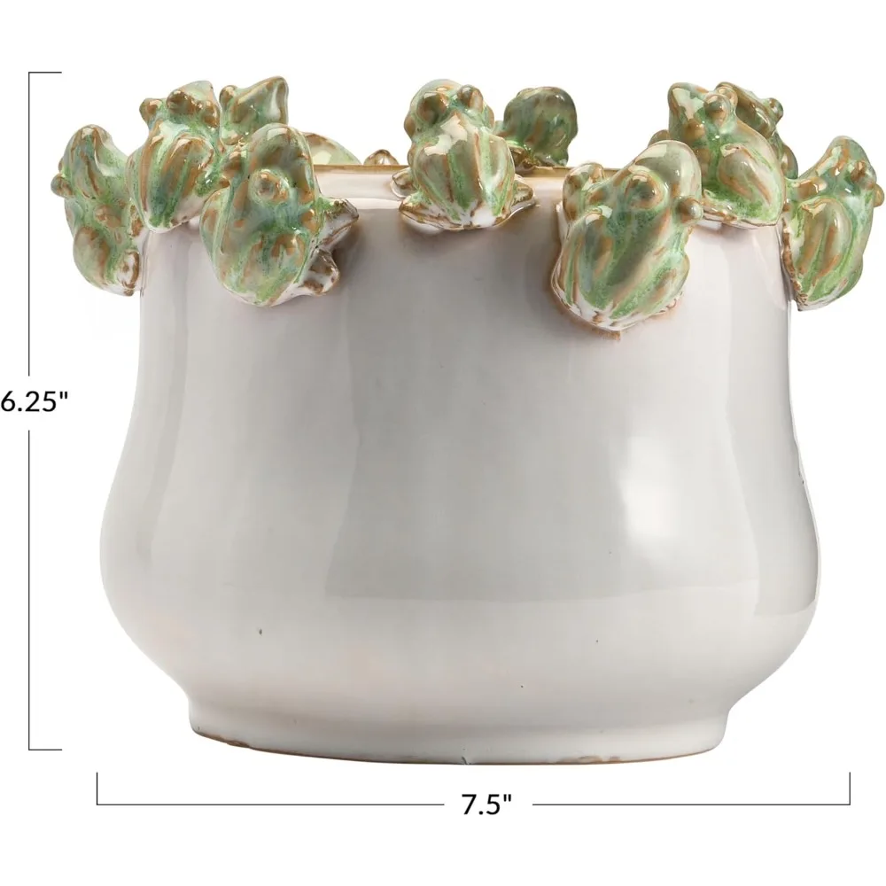 زارع الخزف الحجري المصنوع يدويًا مع ديكور الضفدع، طلاء تفاعلي لديكور الحديقة الداخلي والخارجي، نمط الكوخ