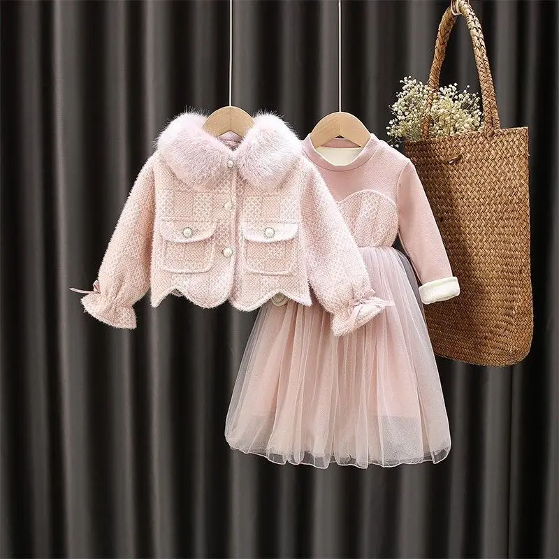 

Thick Party Pink Coat+Plus Velvet Sundress 2PCS Kids Winter Warm Princess Clothes Set Toddler Girls Children Elegant Jackets Sui