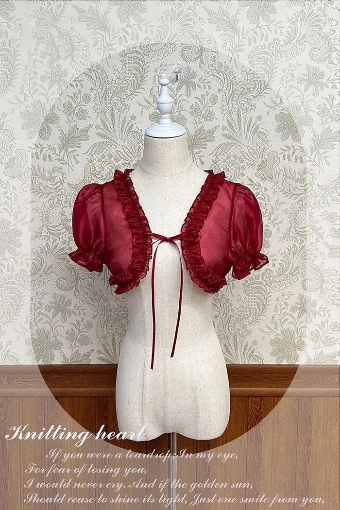 Lolita Women Summer Crop Blouse Y2k Sweet Bandage JK Blusas Capes Cosplay Harajuku Ruffled Puff Sleeve Shirt Kawaii Mujer