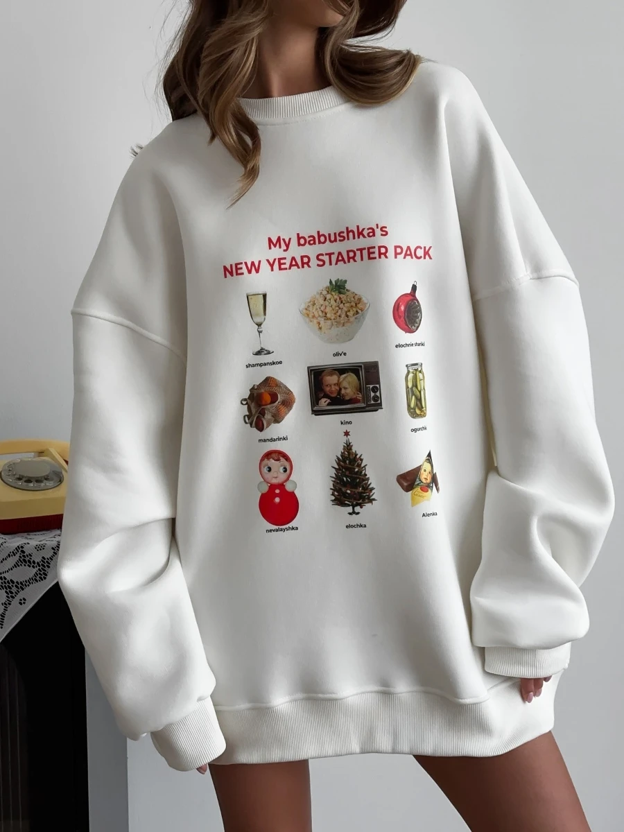 

Women's 2026 New Oversized Printed Crew Neck Sweatshirt Nostalgic Food Graphic Casual Loose Fashion Long-Sleeve Top