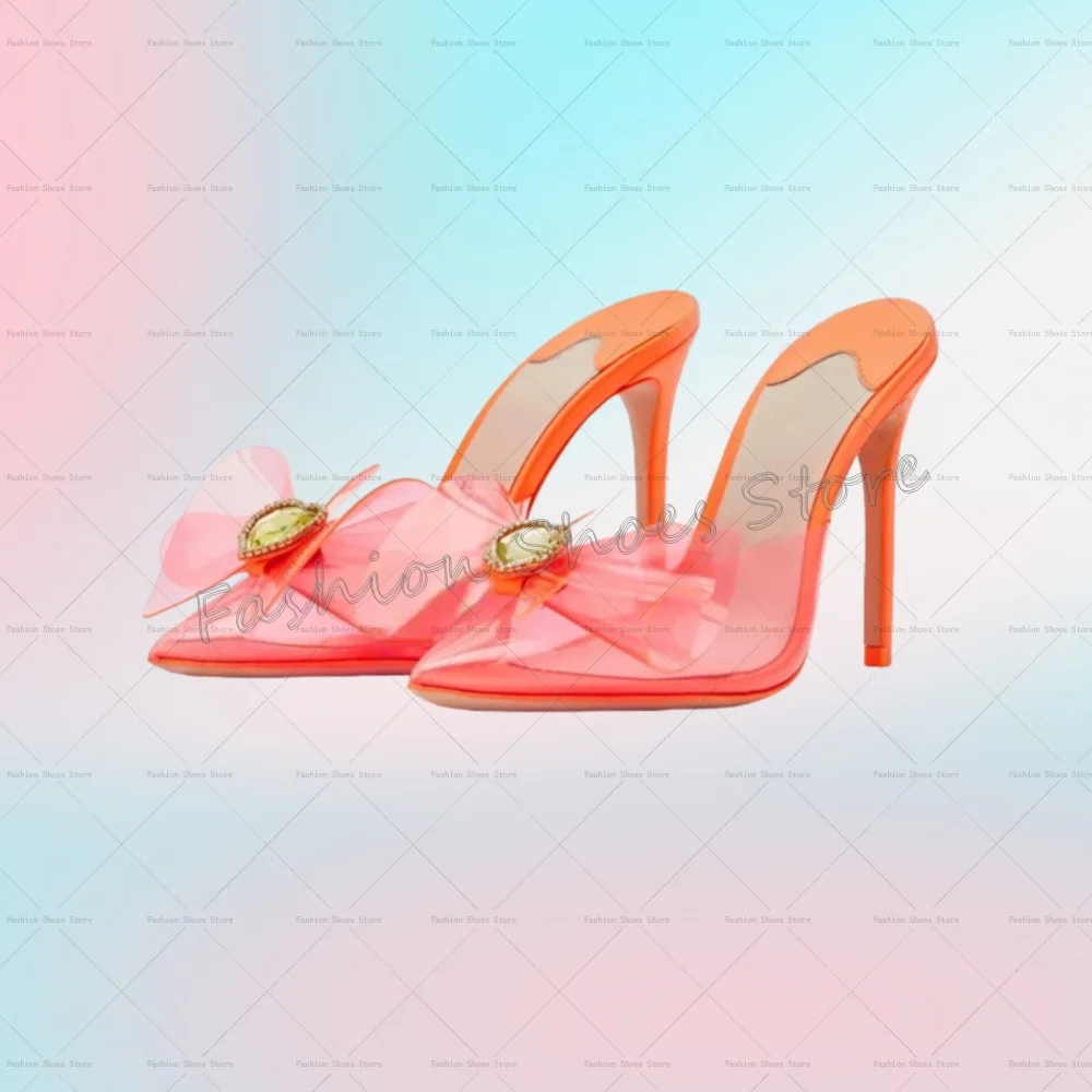 Nodo con fiocco arancione Decor Pantofole in PVC Punta a punta Tacchi alti sottili Scarpe con tacco alto per le donne Scarpe con tacco moda 2025 Para Mujere