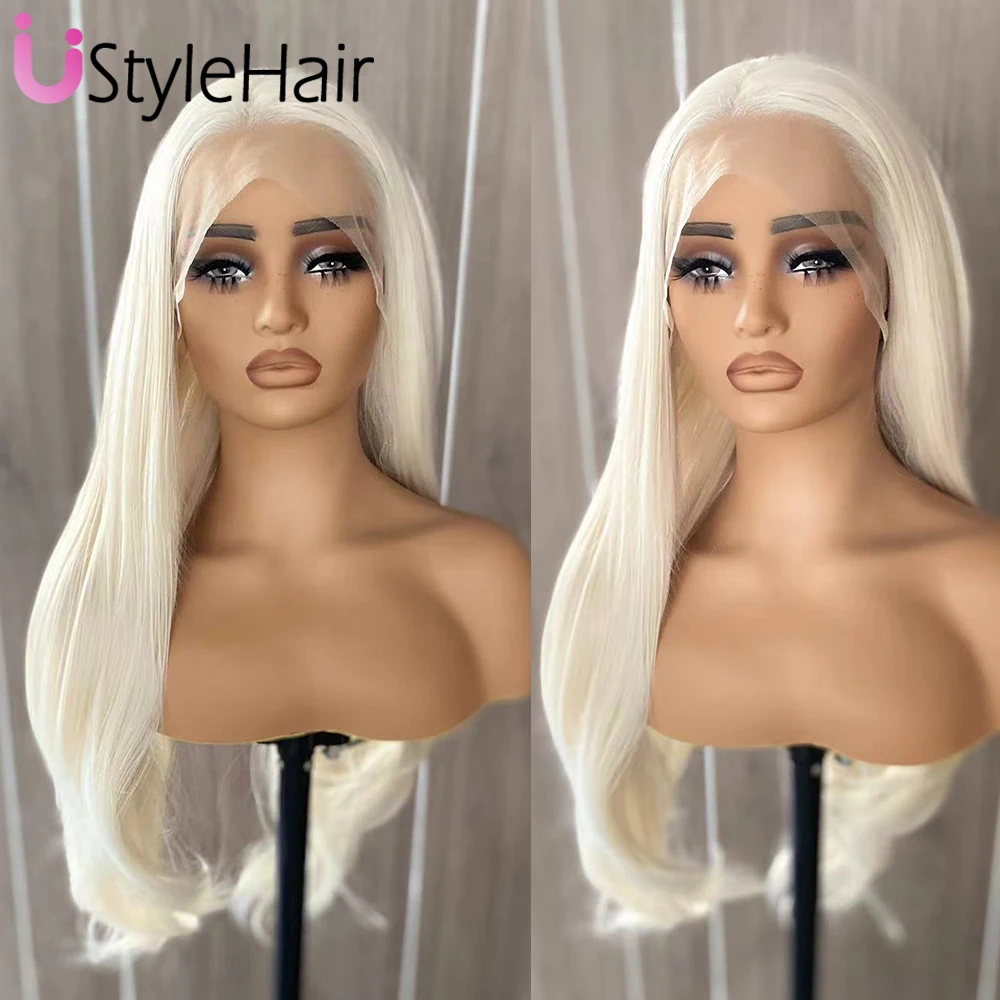 Platinum Blonde Lace Front Wig Middle Part Natural Wave Synthetic Hair Daily Use Platinum Wigs Cosplay Party Drag Queen