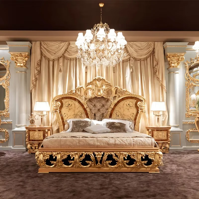 !@European Classical Luxury 24K Gold Color Bedroom Set Rococo Palace Royal Golden Solid Wood Hand Carving Bed King Size
