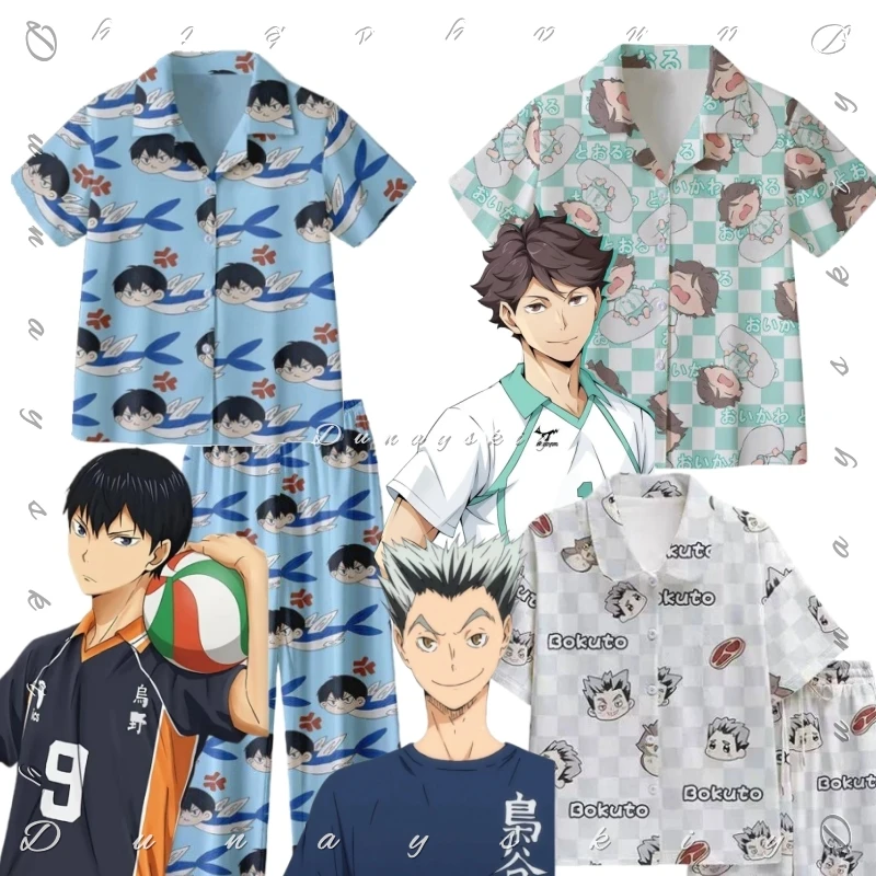 Volleyball-Pyjama-Set Hinata Kageyama Oikawa Bokuto Haiky Charakter Vollfarbiger Chibi-Druck Pyjama-Set Kurzarm Langarm Cosplay