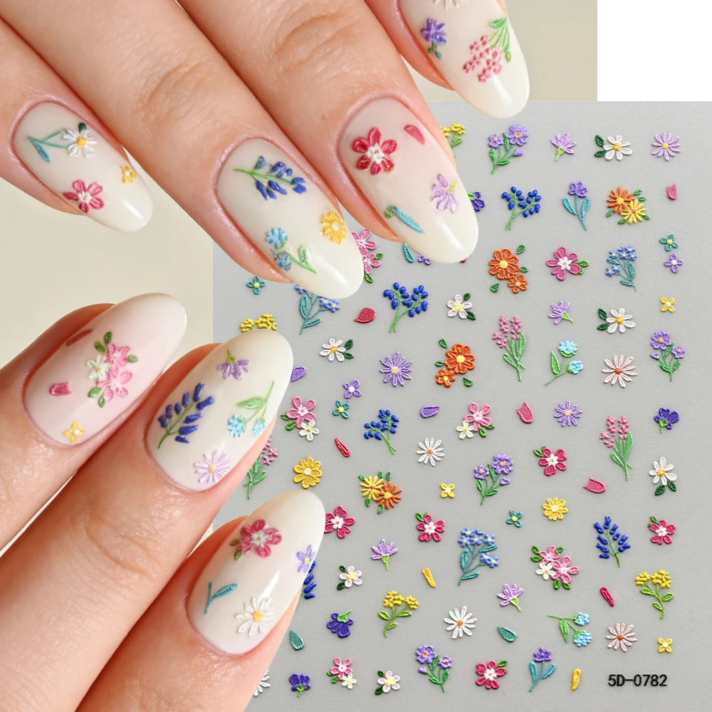 

1 Sheet 5D Embossed Ins Style Spring Floral Nail Stickers Colorful Wild Flower Nail Decals Manicure Decor For DIY Nail Art Salon