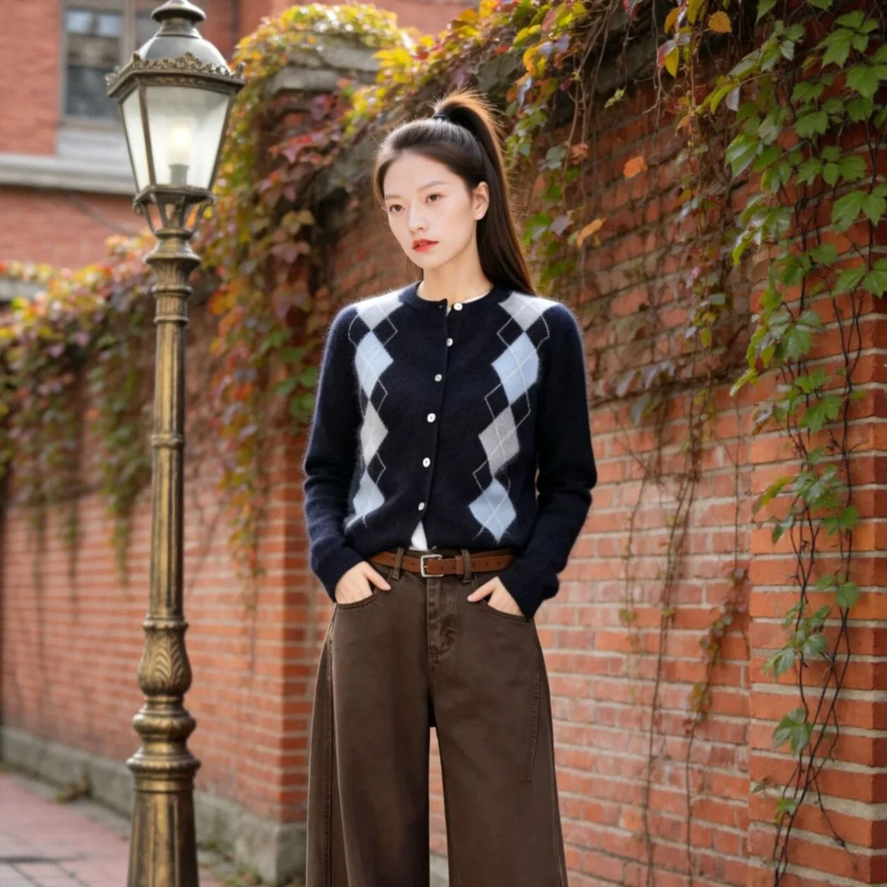 5% mulberry silk  10% cashmere  85% wool cardigan  women's diamond grid college style round neck knitted jacket