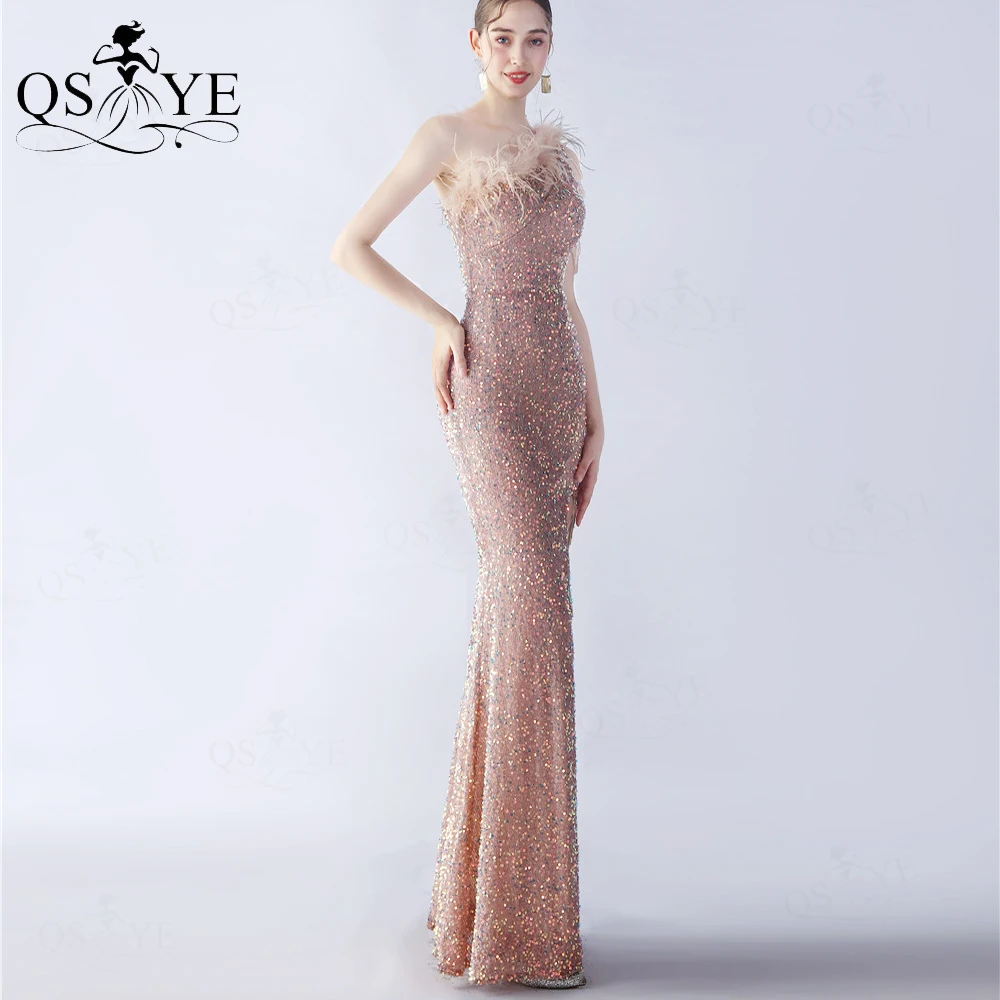 Brown Evening Dresses Ostrich Hair Beading One Shoulder Mermaid Prom Gown Colorful Sequin Lace Open Split Party Celebrity Dress