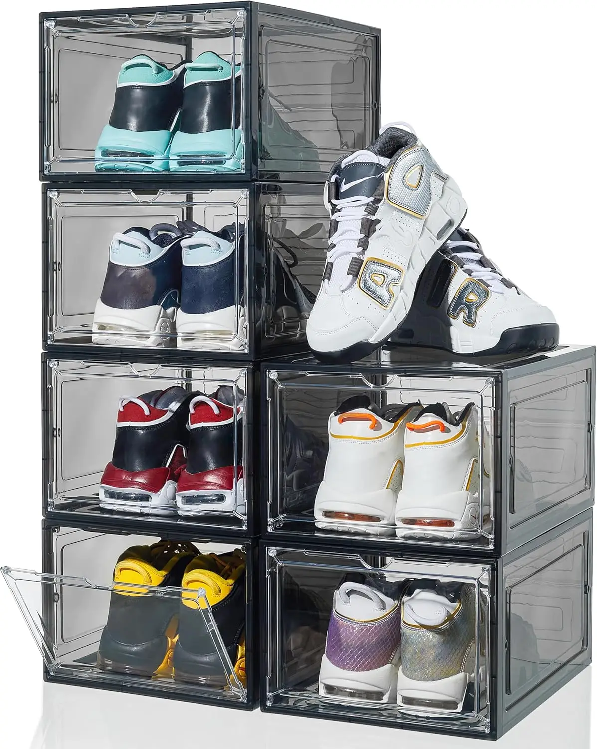 

6 Pack Clear Plastic Stackable Shoe Boxes with Magnetic Doors, Large Drop Front Shoe Storage for Men Size 12, Black