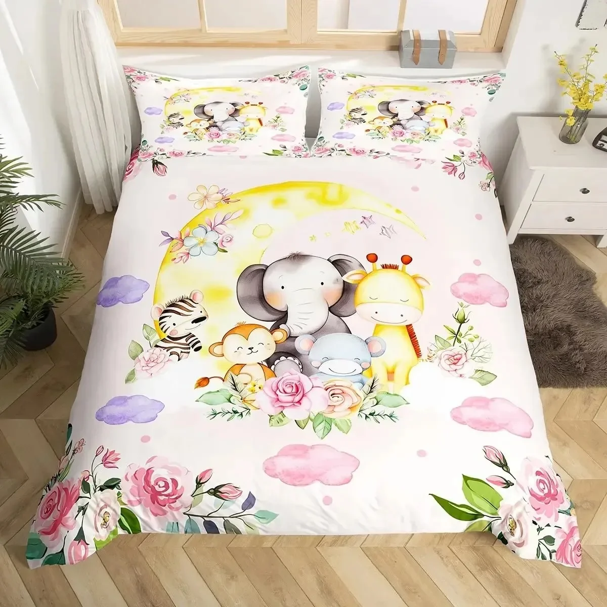 Cartoon Animals Duvet Cover Cute Giraffe Monkey Tiger Elephant Bedding Set Lovely Wildlife Comforter Cover Polyester Quilt Cover