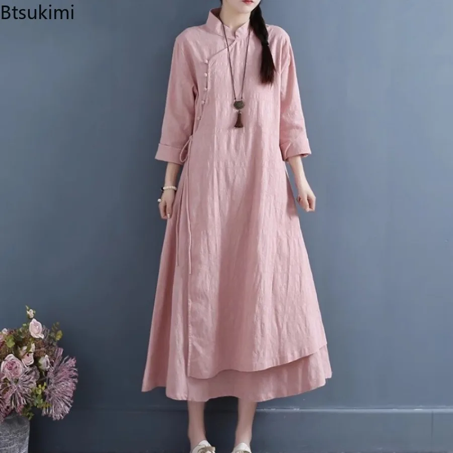 Spring New Chinese Style Dress for Women Fashion Vintage Stand Collar Long-sleeved Cotton Linen Long Skirts Female Elegant Hanfu