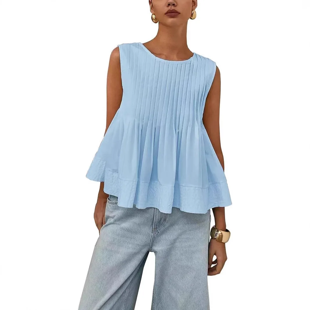 Women's Pleated Slimming Loose Vest Shirt Cotton Blend Comfortable Breathable Casual Style for Autumn Season
