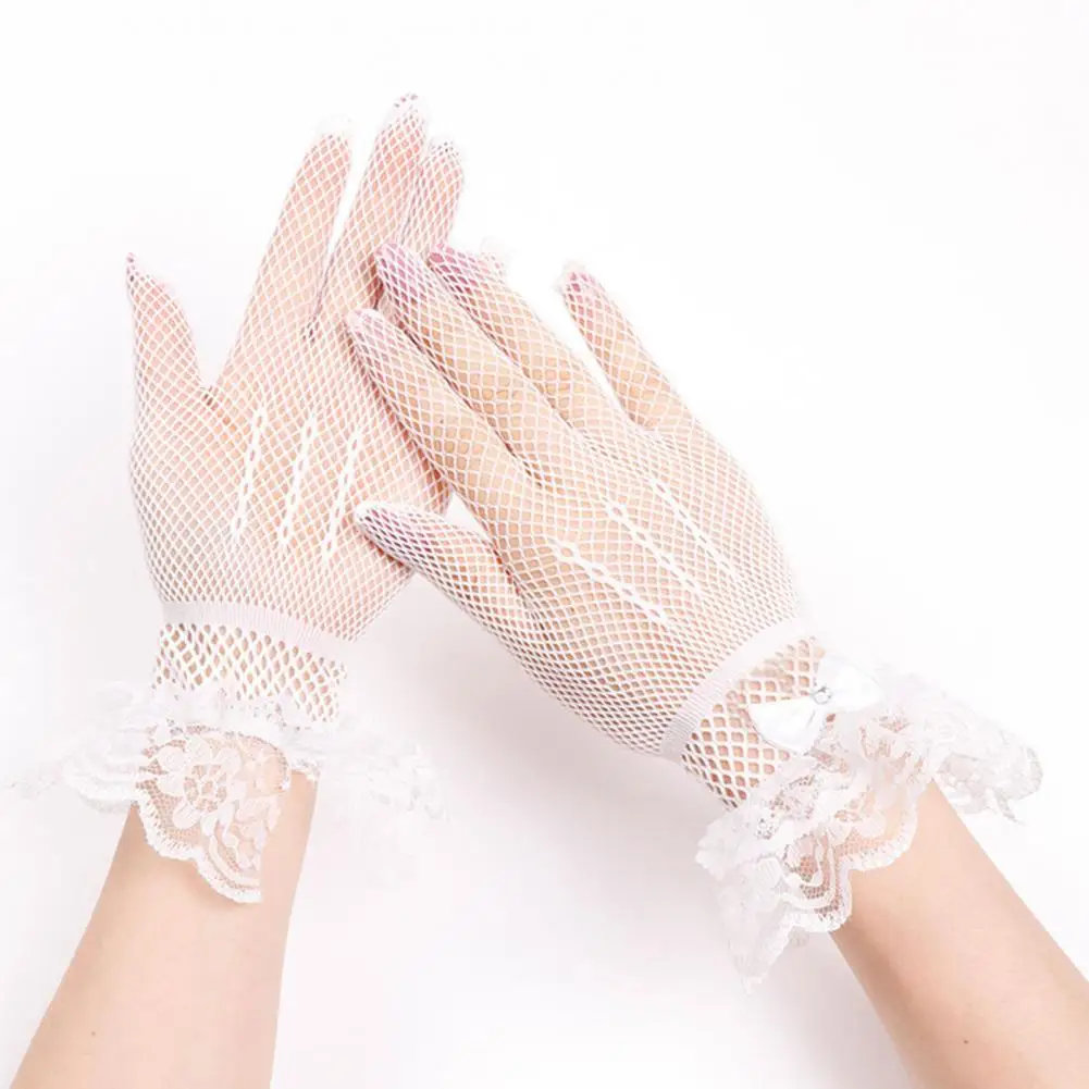 Children Mesh Gloves Elastic Wrist Cuffs Gloves Elegant Lace Bow Wedding Gloves with Faux Pearl Decor Ruffle for Bride for A